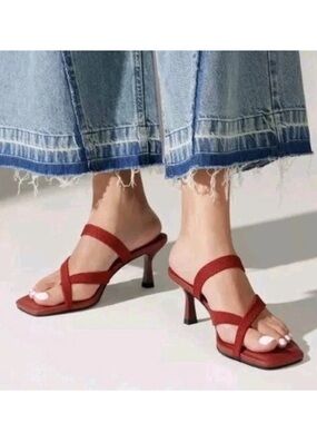 VIVAIA Alina Red Strappy Kitten Heel Sandals Woman 39 Square Toe Slip On Heels